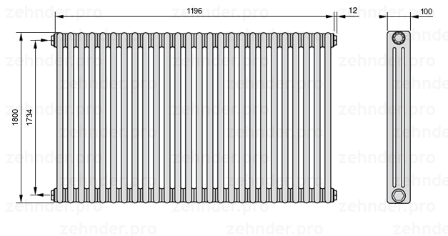 Схема (чертеж) Радиатор Zehnder Charleston 3180/26 №1270 Белый глянцевый RAL 9016